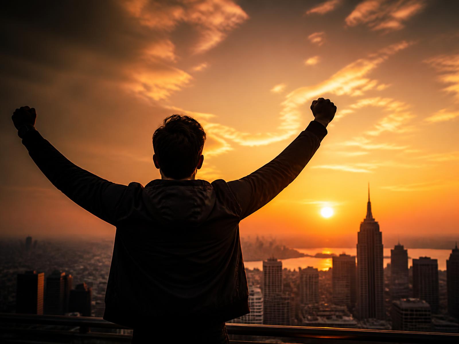 A young man raising his arms in triumph against a golden city sunset