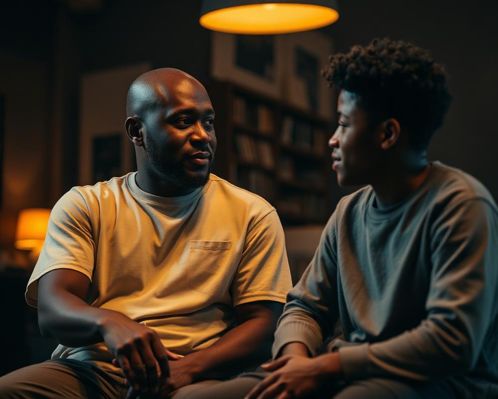 A mentor in conversation with a teenage boy