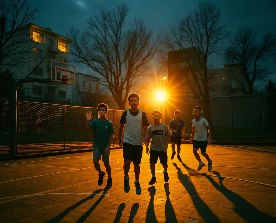 Young men playing basketball on a community court at sunset